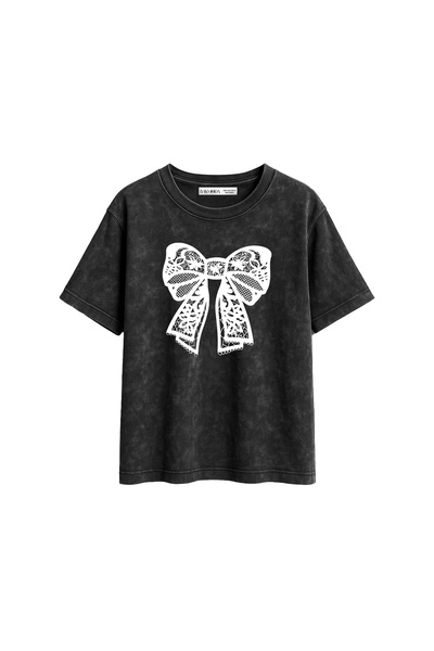 CİNEMA MODA Lace Ribbon Printed Relaxed Fit Washable Black Women's Tshirt