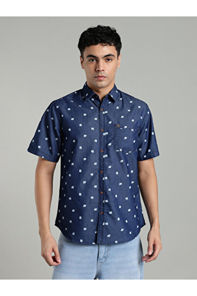 KUONS AVENUE By Styli Men Blue Denim Print Short Sleeve Shirt