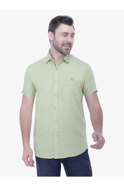 KUONS AVENUE By Styli Men Green Linen Blend Short Sleeve Shirt