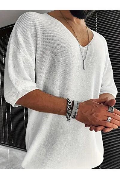 Take Two By Styli Men White Knitted V-Neck T-Shirt