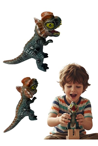 Premium لعبة ديناصور ديلوفوصور واقعية، مجسم أخضر وبني بفم مفتوح لتعليم الأطفال