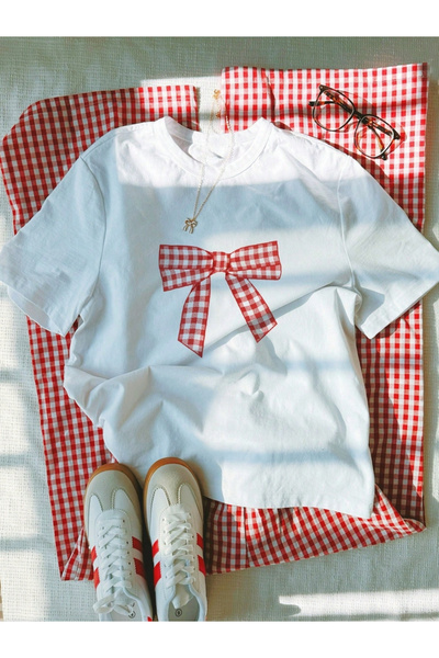 Take Two By Styli Women White T-Shirt with Gingham Bow Print