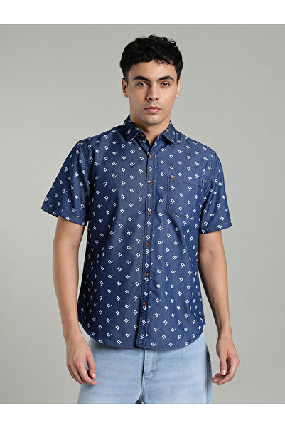 KUONS AVENUE By Styli Men Blue Geometric Print Denim Shirt
