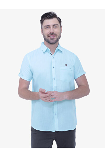 KUONS AVENUE By Styli Men Blue Linen Blend Short Sleeve Shirt