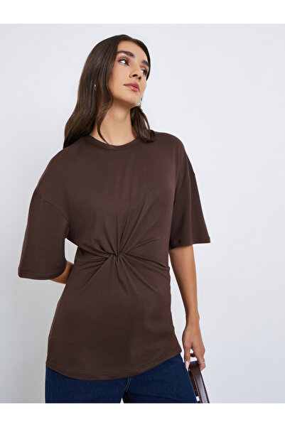 Styli Women Brown Twist Front Oversized T-Shirt