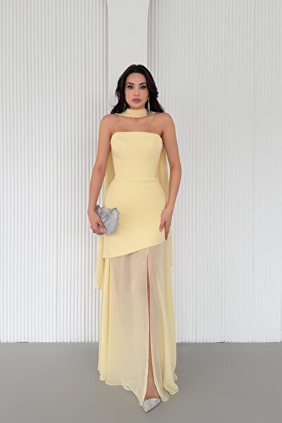 Serica Moda Rochie de seară fără bretele cu fustă din tul galben și detaliu șal