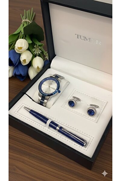 Boutique Men's 4-piece accessory set: classic two-tone watch, luxury pen, roy...