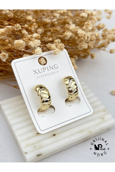 XUPING JEWELRY POKAK Xuping 14K Altın Kaplama Dalgalı Vip Halka Küpe - 1,6 CM...