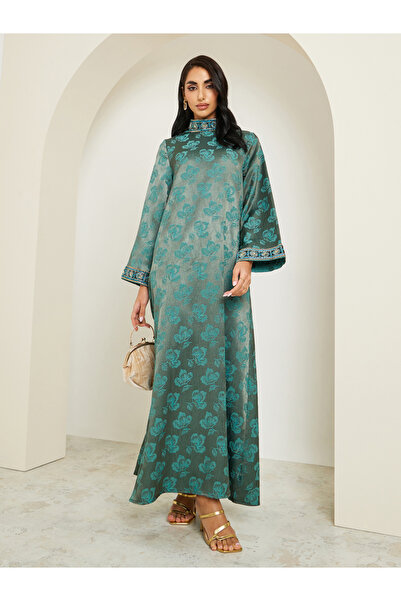 Styli Women Stand Collar Jacquard Jalabiya With Lace Trim