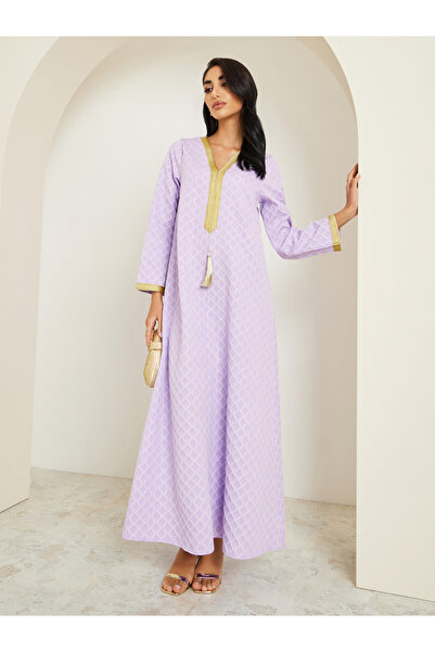 Styli Women Purple Jacquard Jalabiya with Gold Trim