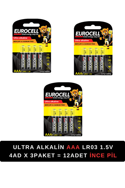 EUROCELL 12 ADET Ince Kalem Pil -Aaa4 1.5 V - Lr03 ULTRA ALKALİNE