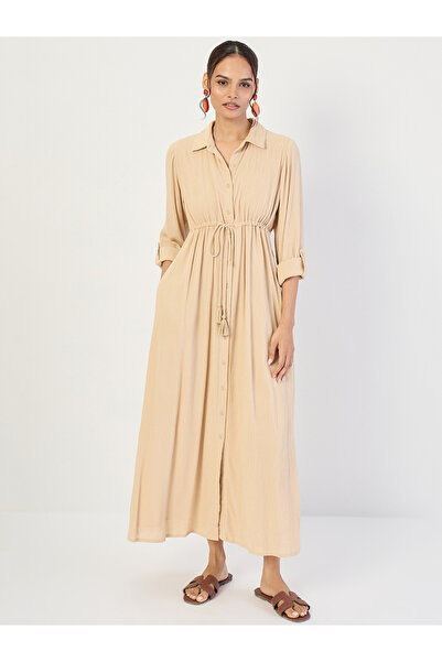 Styli Women Beige Crinkled Button Down Maxi Dress
