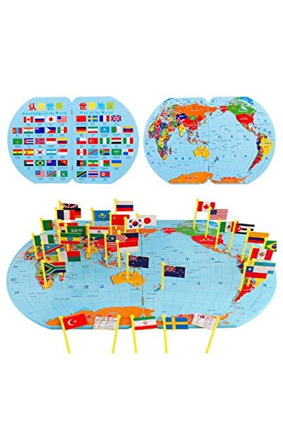 OEM Joc Educativ Harta Lumii din Lemn cu Steaguri pentru Copii