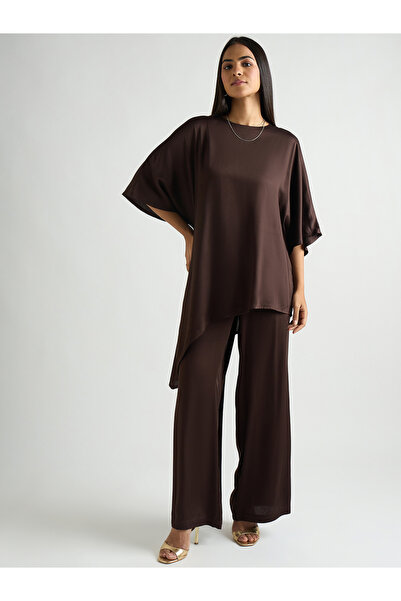 Femmella By Styli Women Brown Satin Asymmetric Top with Trousers Co-Ords