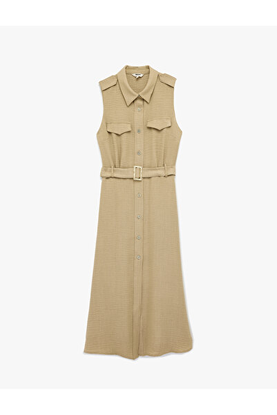 Koton Rochie lungă, fără mâneci, cu guler clasic, cu detaliu de curea și buzu...