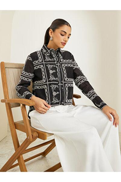 Styli Women Black Floral Embroidered Shirt