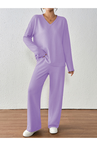 Take Two By Styli Women Purple Textured T-Shirt and Pants Co-Ords