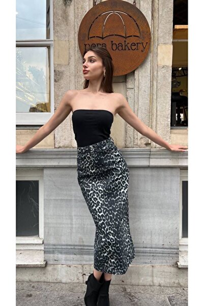 GİYESA Kadın Leopar Desen Uzun Gabardian Etek Arkadan Yırtmaçlı