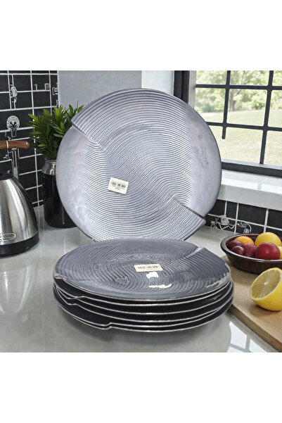 Sudedi Home Modern Gri Cam Pasta Tabağı Seti – 6 Pasta Tabağı + 1 Sunum Tabağı