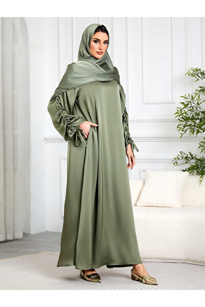 Take Two By Styli Women Green Ruched Sleeves Jalabiya with Headscarf