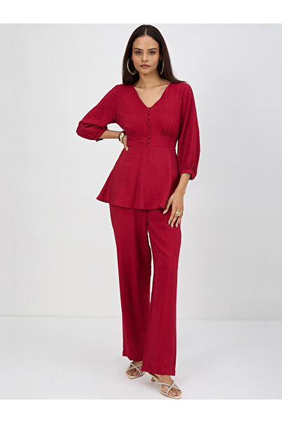 Femmella By Styli Women Cranberry Corset Detail Top with Trousers Co-Ords