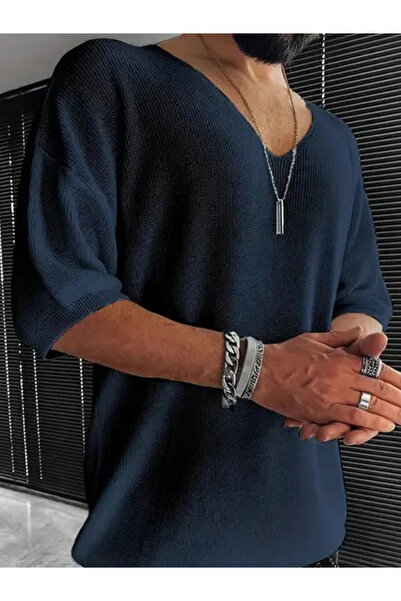 Take Two By Styli Men Navy Blue Knitted V-Neck T-Shirt