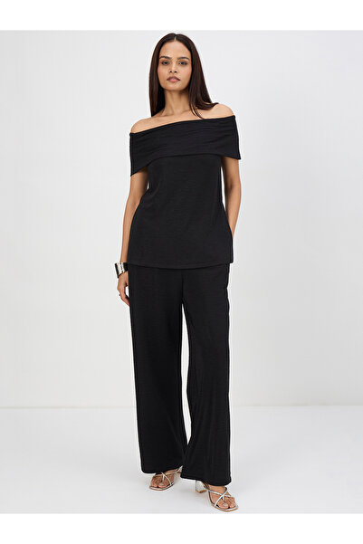 Femmella By Styli Women Black Off-Shoulder Top with Trousers Co-Ord