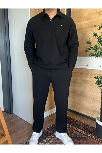 blucombin Erkek Baggy Polo Yaka Fitilli Sweatshirt Eşofman Altı Kışlık Alt Üs...