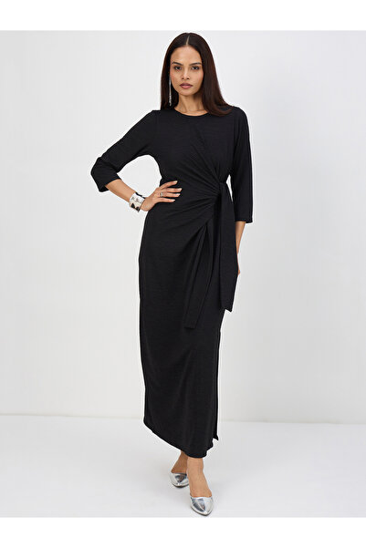 Styli Women Black Tie-Up Maxi Dress with 3/4 Sleeves