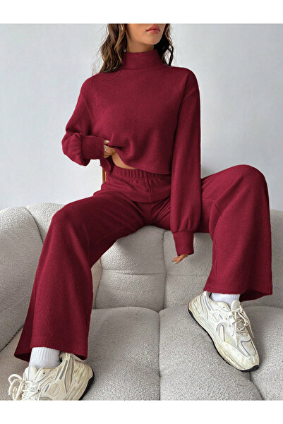Take Two By Styli Women Burgundy Ribbed Knit Top and Pants Co-Ords