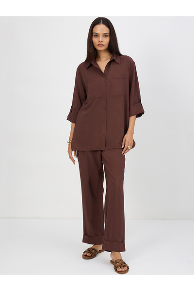 Femmella By Styli Women Coffee Brown Dual Pocket Shirt with Trousers Co-Ords