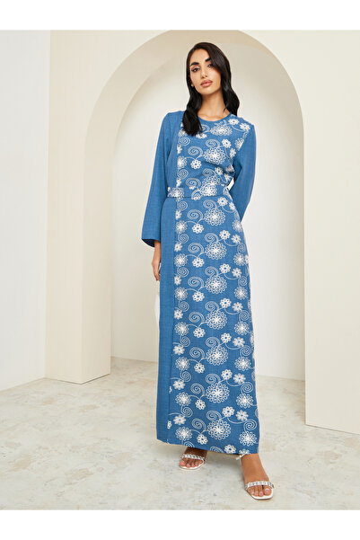 Styli Women Blue Embroidered Belted Jalabiya