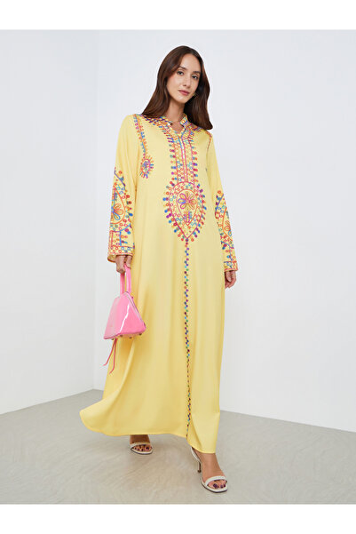 Take Two By Styli Women Yellow Embroidered Maxi Jalabiya