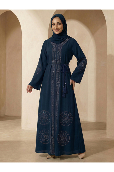 Globus By Styli Women Navy Blue Embellished Abaya with Hijab