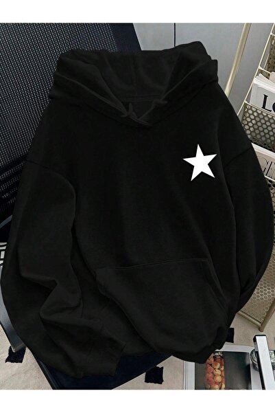 ZİYMO KAPÜŞONLU RAHAT KESİM YILDIZ DETAYLI SWEATSHIRT