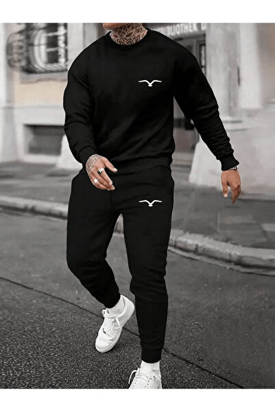 mercoledi Minimum Printed Men's Black Crew Neck Jogger Bottom Set Oversized T...