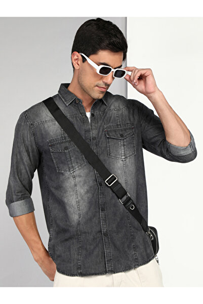 KUONS AVENUE By Styli Men Black Faded Denim Shirt
