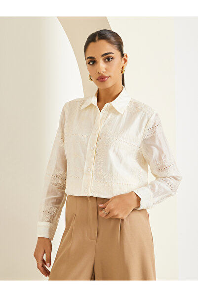 Styli Women Off White Floral Embroidered Shirt