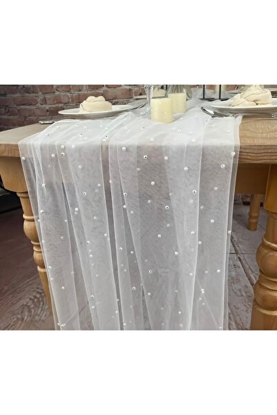 GUSTELLO 100x300 cm İnci Çakmalı Tül Masa Runner - Söz Nişan Kına Masası Örtü...