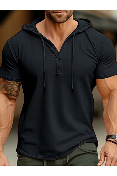 Take Two By Styli Men Half-Button Placket Hooded T-Shirt