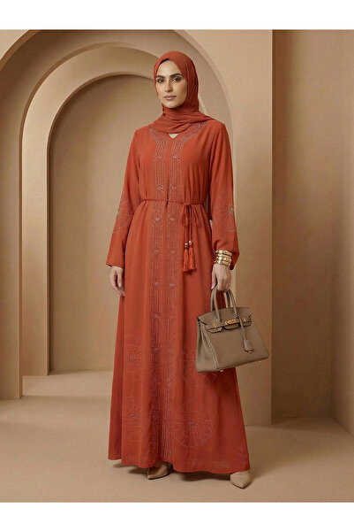 Globus By Styli Women Orange Embellished Abaya with Hijab