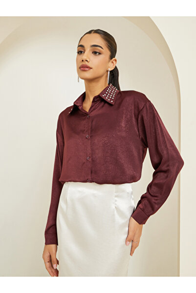 Styli Women Burgundy Satin Embellished Collar Shirt