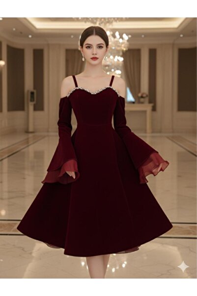 KALDE Short wool evening dress with a bodice accessory