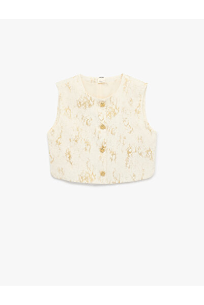 Koton Pamuklu Düğmeli Bisiklet Yaka Parıltılı Crop Müslin Yelek