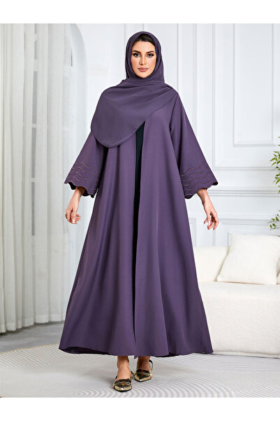 Take Two By Styli Women Purple Open Front Abaya with Headscarf