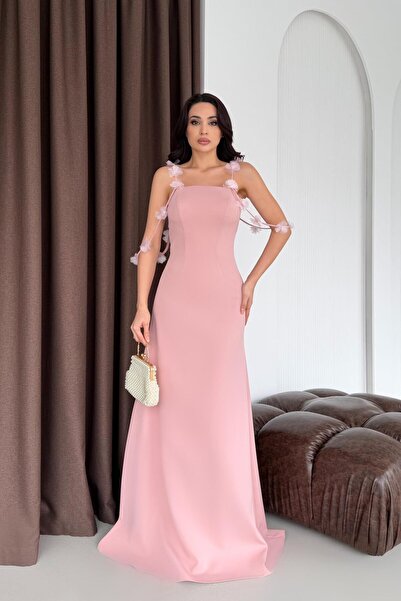 Serica Moda Powder Strap Floral Detailed Long Evening Dress