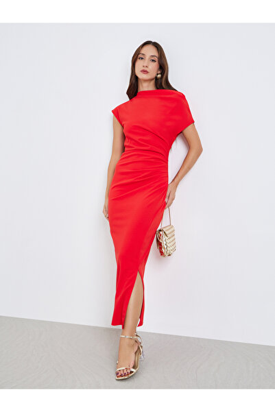 Take Two By Styli Women Red One Shoulder Side Slit Midi Dress