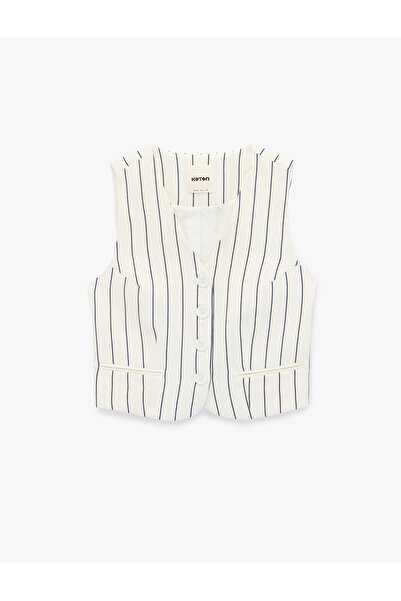 Koton Buttoned V-Neck Striped Vest