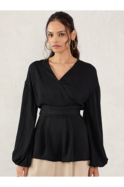 Femmella By Styli Women Black Balloon Sleeve Wrap Top