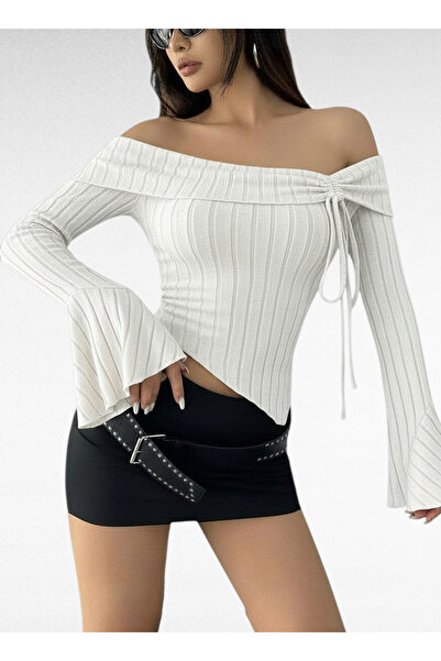 ATALYA ACCESSORY Bluză de damă asimetrică cu mâneci spaniole cu guler cu șnur...